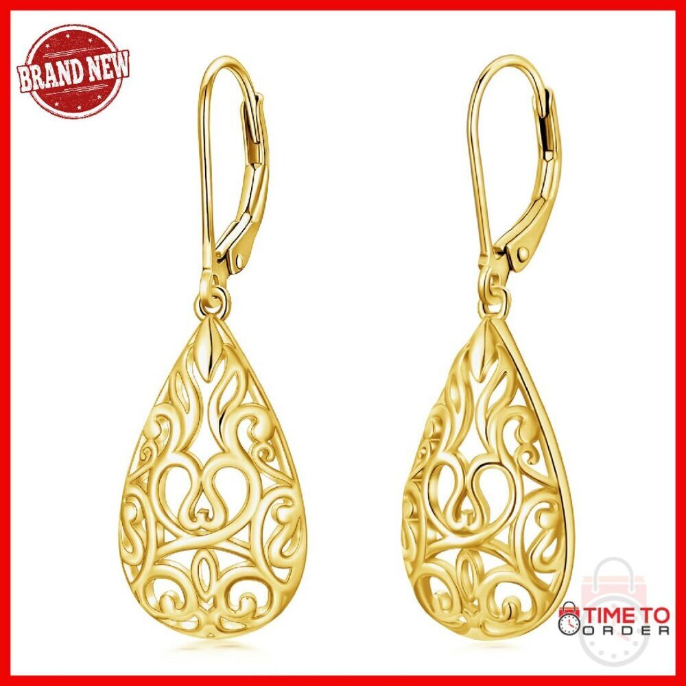 Sterling Silver Teardrop Dangle Earrings Filigree Leverback Hypoallergenic
